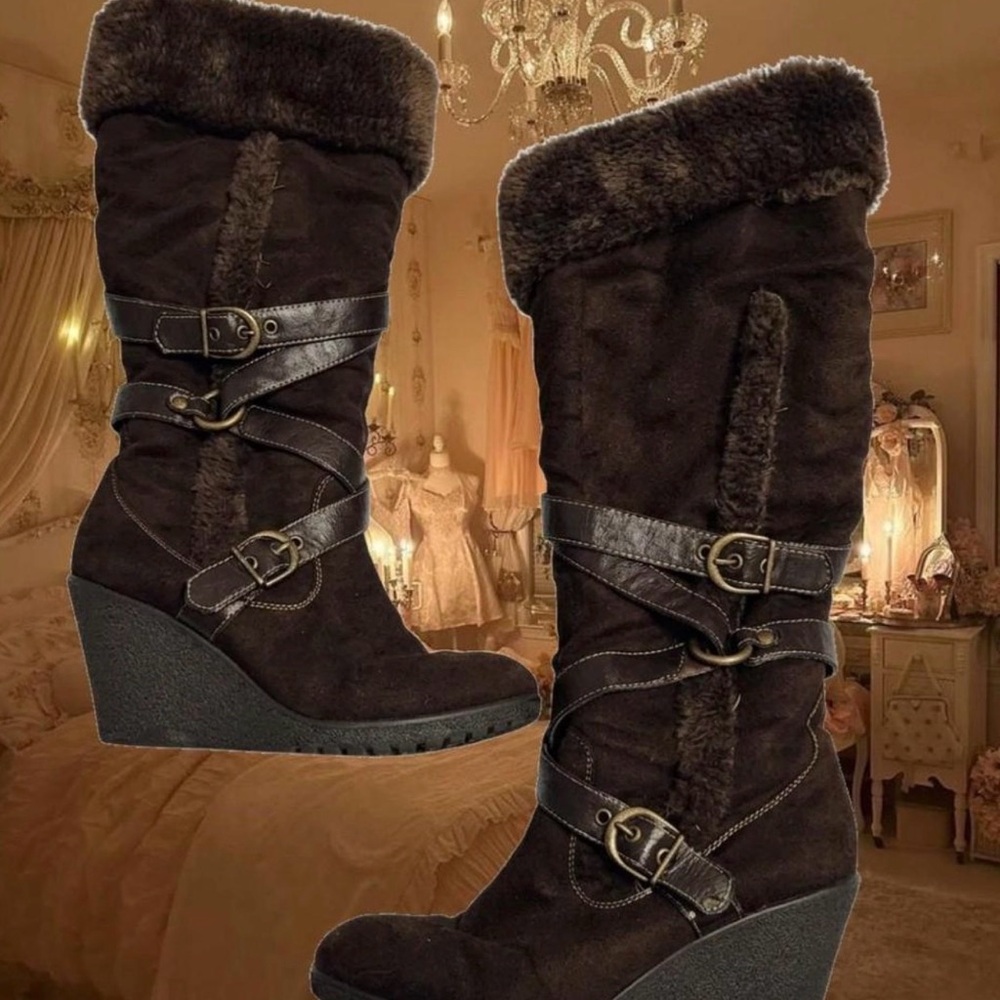 Canyon River Blues Dark Brown Faux Fur Wedge Boots with Buckle Straps